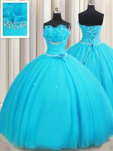 Ball Gowns Ball Gown Prom Dress Aqua Blue Strapless Tulle Sleeveless Floor Length Lace Up
