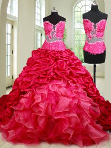 Pick Ups See Through Chapel Train Two Pieces Sweet 16 Quinceanera Dress Coral Red Sweetheart Organza and Taffeta Sleeveless With Train Lace Up