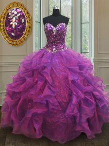 Fine Sequins Ball Gowns Quinceanera Gown Purple Sweetheart Organza Sleeveless Floor Length Lace Up