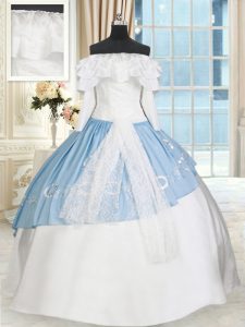 Spectacular Blue And White Lace Up Off The Shoulder Lace and Bowknot Quince Ball Gowns Taffeta Long Sleeves