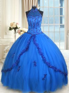 Affordable See Through Halter Top Sleeveless Tulle Quinceanera Dresses Beading and Appliques Lace Up
