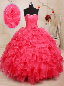 Comfortable Sleeveless Organza Floor Length Lace Up 15th Birthday Dress in Coral Red with Beading and Ruffles and Sequins and Hand Made Flower