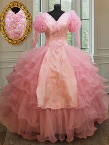 Modern Half Sleeves Floor Length Zipper Sweet 16 Dress Baby Pink for Military Ball and Sweet 16 and Quinceanera with Beading and Embroidery and Ruffled Layers