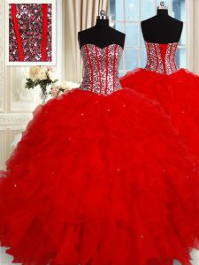 Red Lace Up Ball Gown Prom Dress Ruffles and Sequins Sleeveless Floor Length