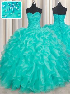 Sweetheart Sleeveless 15th Birthday Dress Floor Length Beading and Ruffles Turquoise Organza