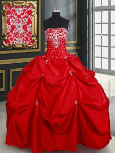 Best Selling Red Lace Up Sweet 16 Quinceanera Dress Beading and Pick Ups Sleeveless Floor Length