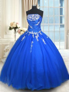 Fabulous Blue Tulle Lace Up 15th Birthday Dress Sleeveless Floor Length Beading and Appliques