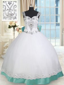 High End White and Green Lace Up Straps Beading and Lace and Bowknot Damas Dress Taffeta and Tulle Sleeveless