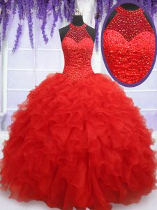 Red Lace Up Halter Top Beading and Ruffles Sweet 16 Dresses Organza Sleeveless