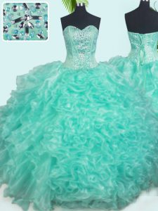 Sleeveless Organza Floor Length Lace Up Quince Ball Gowns in Turquoise with Beading and Ruffles