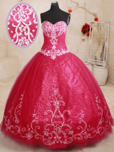 Great Coral Red Sweetheart Lace Up Beading and Appliques and Embroidery Quince Ball Gowns Sleeveless