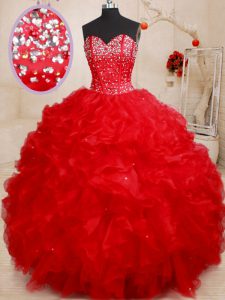 Most Popular Red Ball Gowns Organza Sweetheart Sleeveless Beading and Ruffles Floor Length Lace Up Sweet 16 Dresses