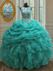 See Through Scoop Sleeveless Quinceanera Dress Floor Length Beading and Ruffles and Pick Ups Turquoise Organza