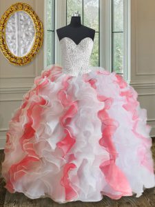 Floor Length Lace Up Sweet 16 Dress Pink And White for Military Ball and Sweet 16 and Quinceanera with Beading and Ruffles