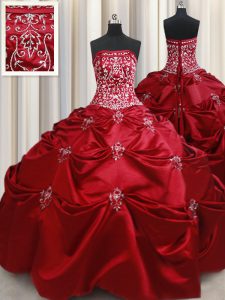 Eye-catching Strapless Sleeveless Quinceanera Gown Floor Length Beading and Pick Ups Wine Red Taffeta