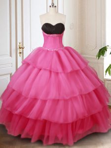 Ruffled Floor Length Ball Gowns Sleeveless Hot Pink Sweet 16 Dress Lace Up