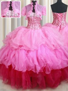 Sleeveless Organza Floor Length Lace Up Quinceanera Gown in Rose Pink with Ruffles and Sequins