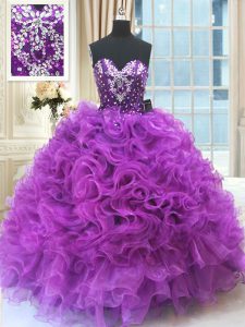 Attractive Sweetheart Sleeveless Sweet 16 Dress Floor Length Beading and Ruffles Eggplant Purple Organza