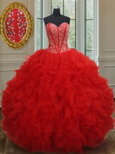 High End Sleeveless Organza Floor Length Lace Up Sweet 16 Dress in Red with Beading and Ruffles