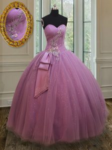 Lilac Lace Up Quinceanera Dresses Beading and Belt Sleeveless Floor Length