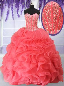 Admirable Watermelon Red Sleeveless Organza Lace Up Vestidos de Quinceanera for Military Ball and Sweet 16 and Quinceanera