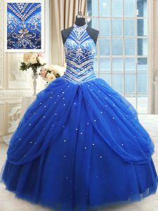 Halter Top Royal Blue Tulle Lace Up Quince Ball Gowns Sleeveless Floor Length Beading and Pick Ups