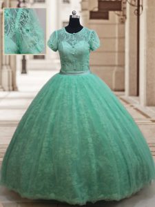 Fashionable Scoop Lace Sweet 16 Dress Apple Green Zipper Short Sleeves Floor Length