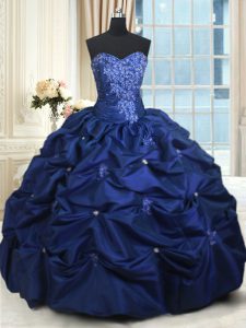 Fashionable Navy Blue Sleeveless Floor Length Appliques and Pick Ups Lace Up Quinceanera Dress