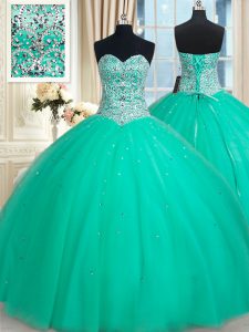 Suitable Turquoise Lace Up Ball Gown Prom Dress Beading Sleeveless Floor Length