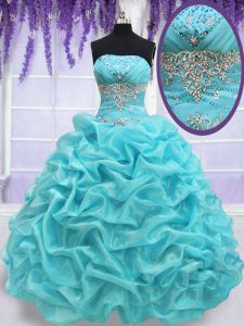 High Quality Aqua Blue Lace Up Strapless Beading and Pick Ups Party Dress for Toddlers Organza Sleeveless