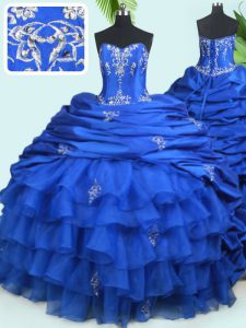 With Train Lace Up Sweet 16 Dresses Royal Blue for Military Ball and Sweet 16 and Quinceanera with Beading and Ruffled Layers and Pick Ups Court Train