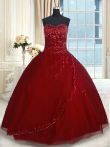 Affordable Wine Red Sleeveless Floor Length Beading and Appliques Lace Up 15th Birthday Dress