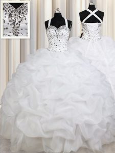 White Straps Lace Up Beading and Ruffles and Pick Ups Quinceanera Gowns Sleeveless