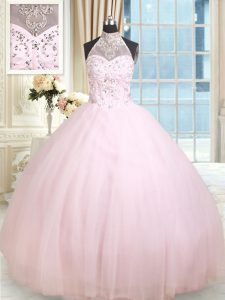 Ball Gowns 15 Quinceanera Dress Baby Pink Halter Top Tulle Sleeveless Floor Length Lace Up