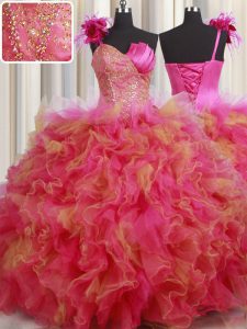 Customized Organza and Tulle One Shoulder Sleeveless Lace Up Beading and Ruffles and Hand Made Flower 15 Quinceanera Dress in Multi-color