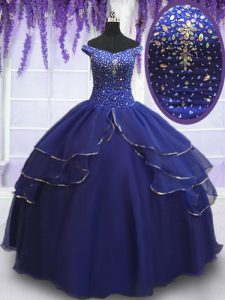 Royal Blue Organza Lace Up Off The Shoulder Sleeveless Floor Length Sweet 16 Dresses Beading and Ruffled Layers and Sequins