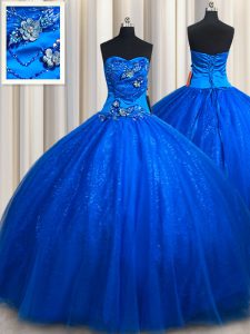 Most Popular Tulle Sweetheart Sleeveless Lace Up Beading and Appliques Dama Dress in Royal Blue