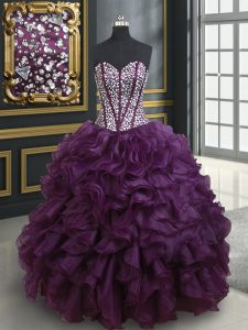 Classical Dark Purple Sleeveless Floor Length Beading and Ruffles Lace Up Sweet 16 Dresses