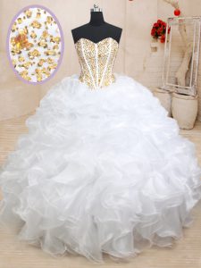 Sumptuous Sleeveless Floor Length Beading and Ruffles Lace Up Quinceanera Dress with White