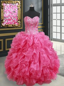 Hot Pink Sleeveless Beading and Ruffles Floor Length Court Dresses for Sweet 16