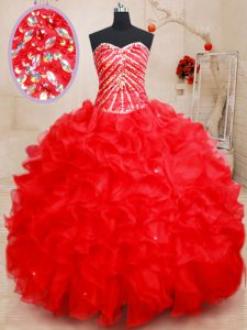 Floor Length Red 15th Birthday Dress Organza Sleeveless Beading and Ruffles