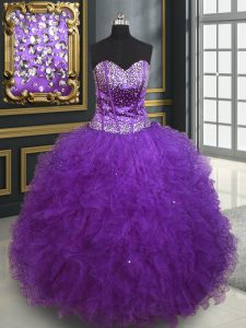 Fantastic Eggplant Purple Ball Gowns Beading and Ruffles Sweet 16 Dress Lace Up Tulle Sleeveless Floor Length