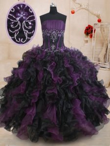 Clearance Strapless Sleeveless Organza Quinceanera Gown Beading and Ruffles Lace Up