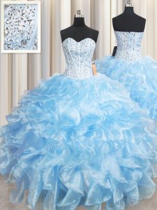 Pretty Light Blue Lace Up Sweet 16 Quinceanera Dress Beading and Ruffles Sleeveless Floor Length