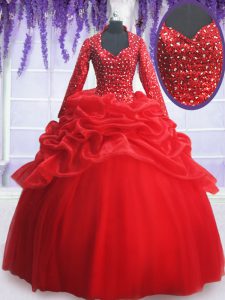 Nice Red Ball Gowns Organza and Tulle Sweetheart Long Sleeves Beading and Sequins and Pick Ups Floor Length Zipper Sweet 16 Quinceanera Dress