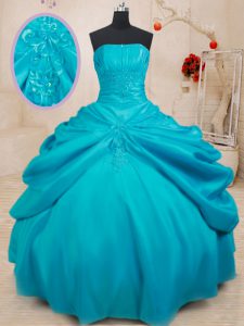 Teal Strapless Lace Up Appliques 15 Quinceanera Dress Sleeveless