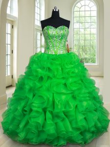 Sleeveless Floor Length Beading and Ruffles Lace Up Vestidos de Quinceanera with Green