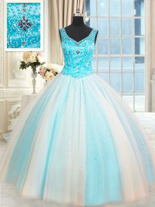 Sumptuous Floor Length White and Blue Ball Gown Prom Dress Tulle Sleeveless Beading