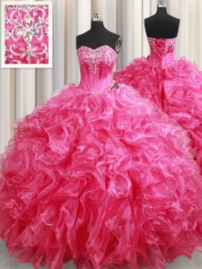 High End Hot Pink Ball Gowns Sweetheart Sleeveless Organza With Brush Train Lace Up Beading and Ruffles Vestidos de Quinceanera