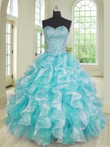Blue And White Ball Gowns Organza Sweetheart Sleeveless Beading and Ruffles Floor Length Lace Up Quinceanera Gown